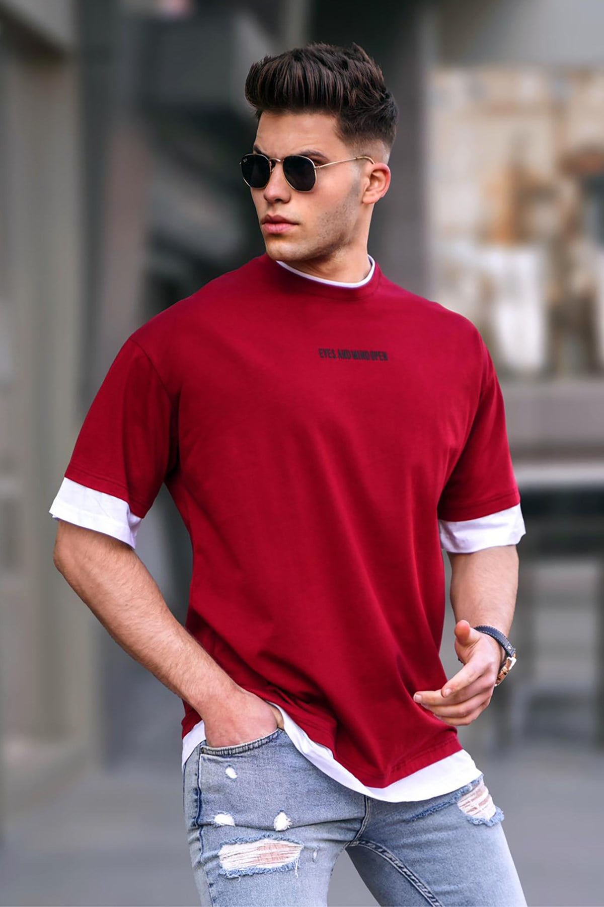Erkek Bordo Basic Oversize Tişört 5802