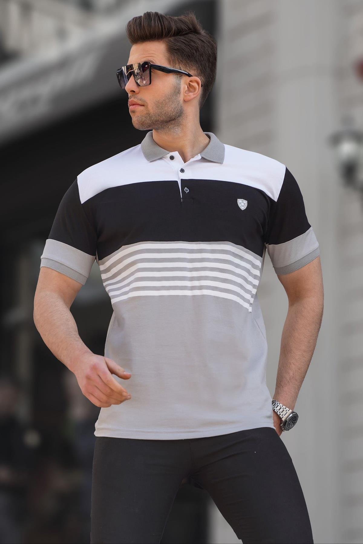 Erkek Boyalı Gri Polo Yaka Çizgili Tişört 5865