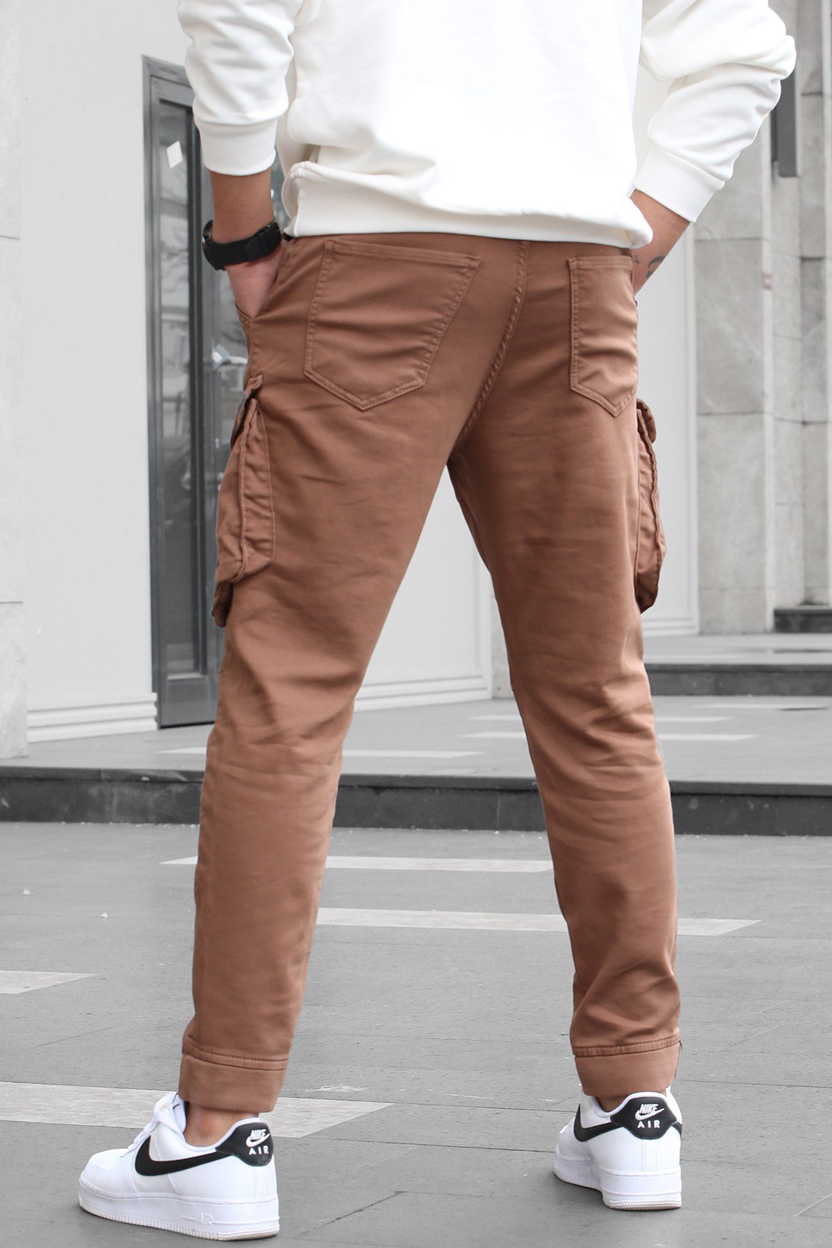 Erkek Kahverengi Slim Fit Kargo Cep Pantolon 5714