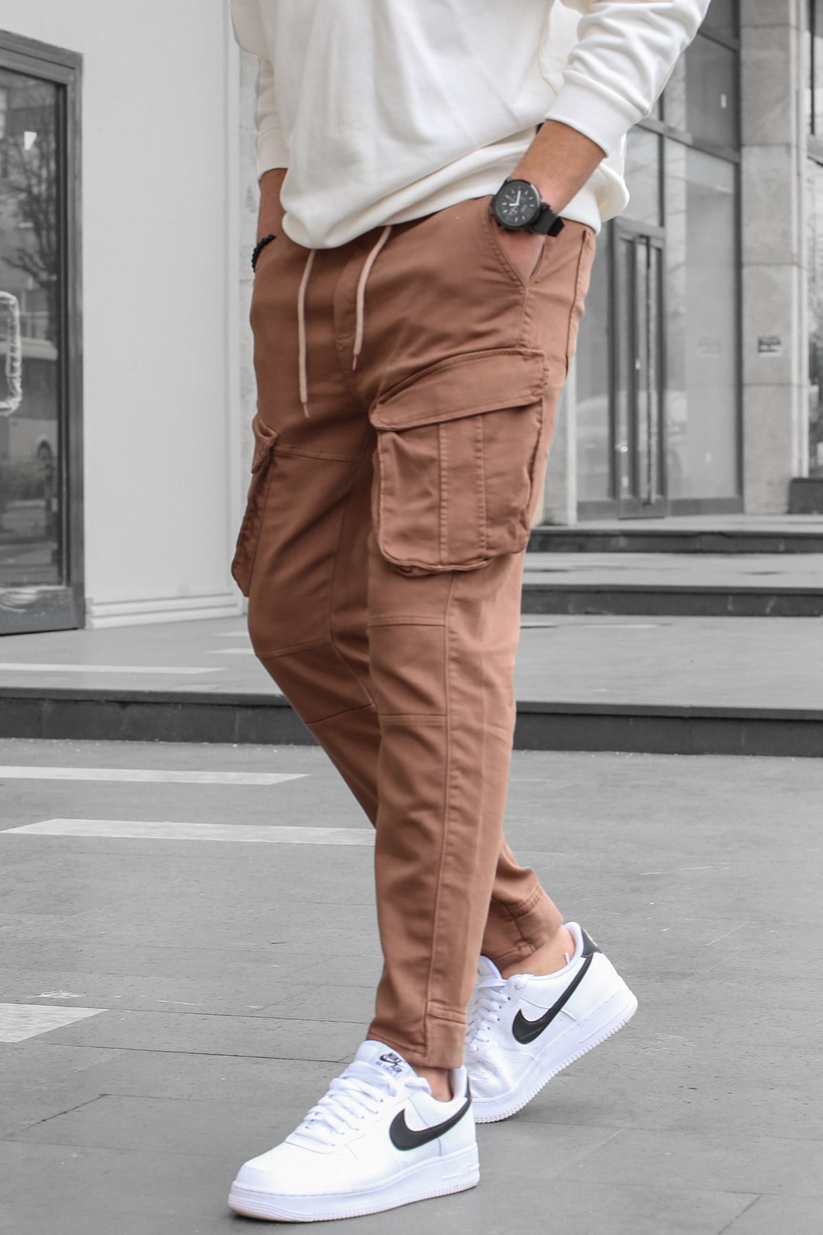 Erkek Kahverengi Slim Fit Kargo Cep Pantolon 5714