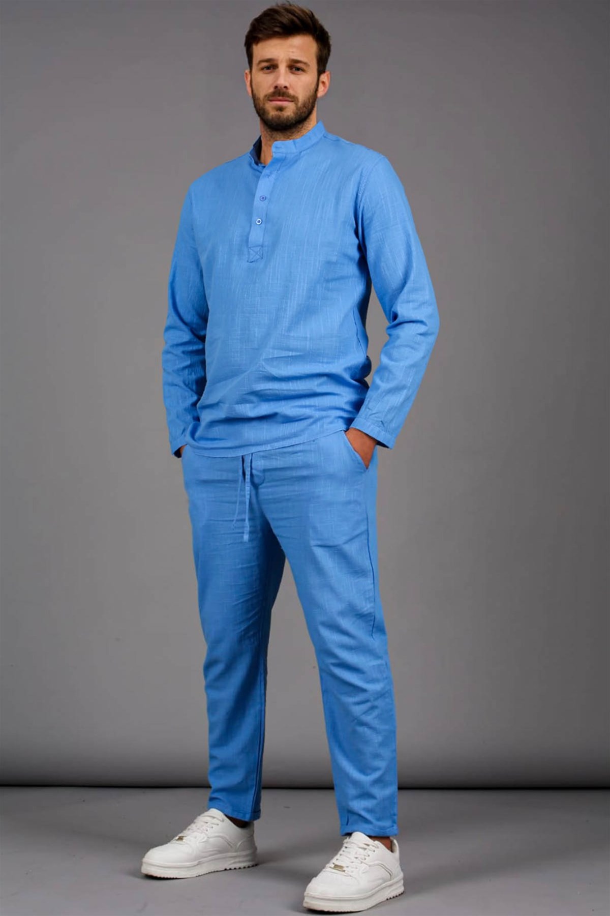 Erkek Mavi Keten Relaxed Fit Gömlek Pantolon Takımı 6365