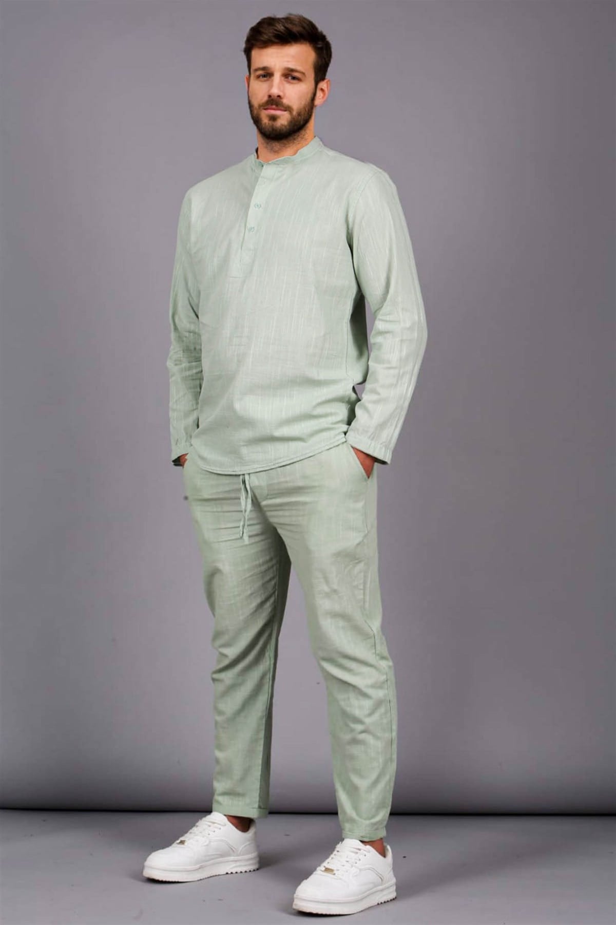 Erkek Mint Yeşili Keten Relaxed Fit Gömlek Pantolon Takımı 6365