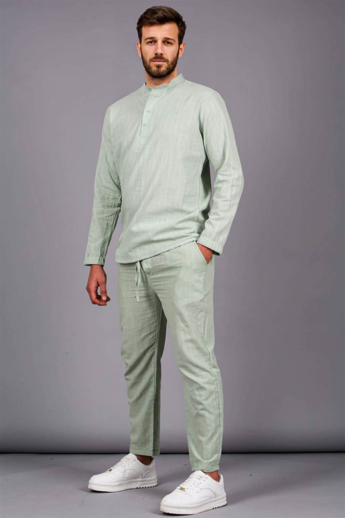 Erkek Mint Yeşili Keten Relaxed Fit Gömlek Pantolon Takımı 6365