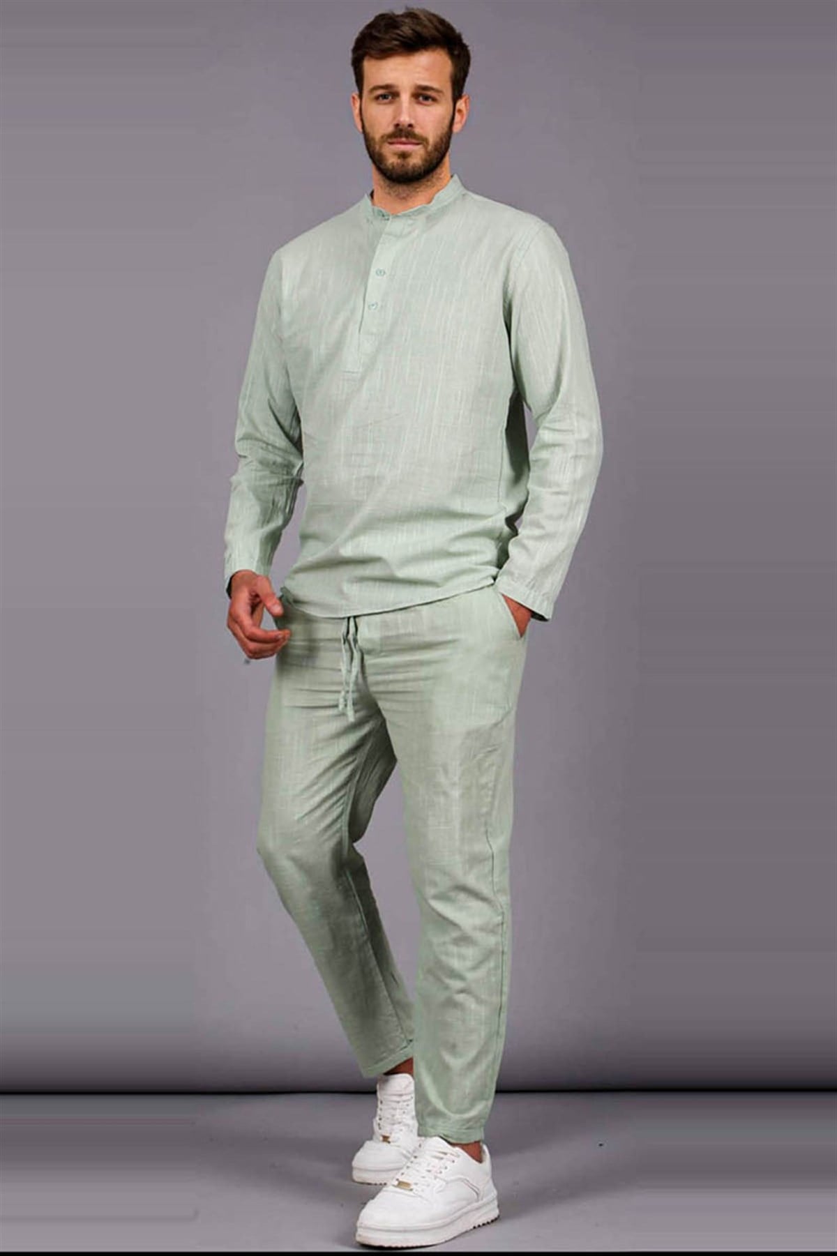 Erkek Mint Yeşili Keten Relaxed Fit Gömlek Pantolon Takımı 6365