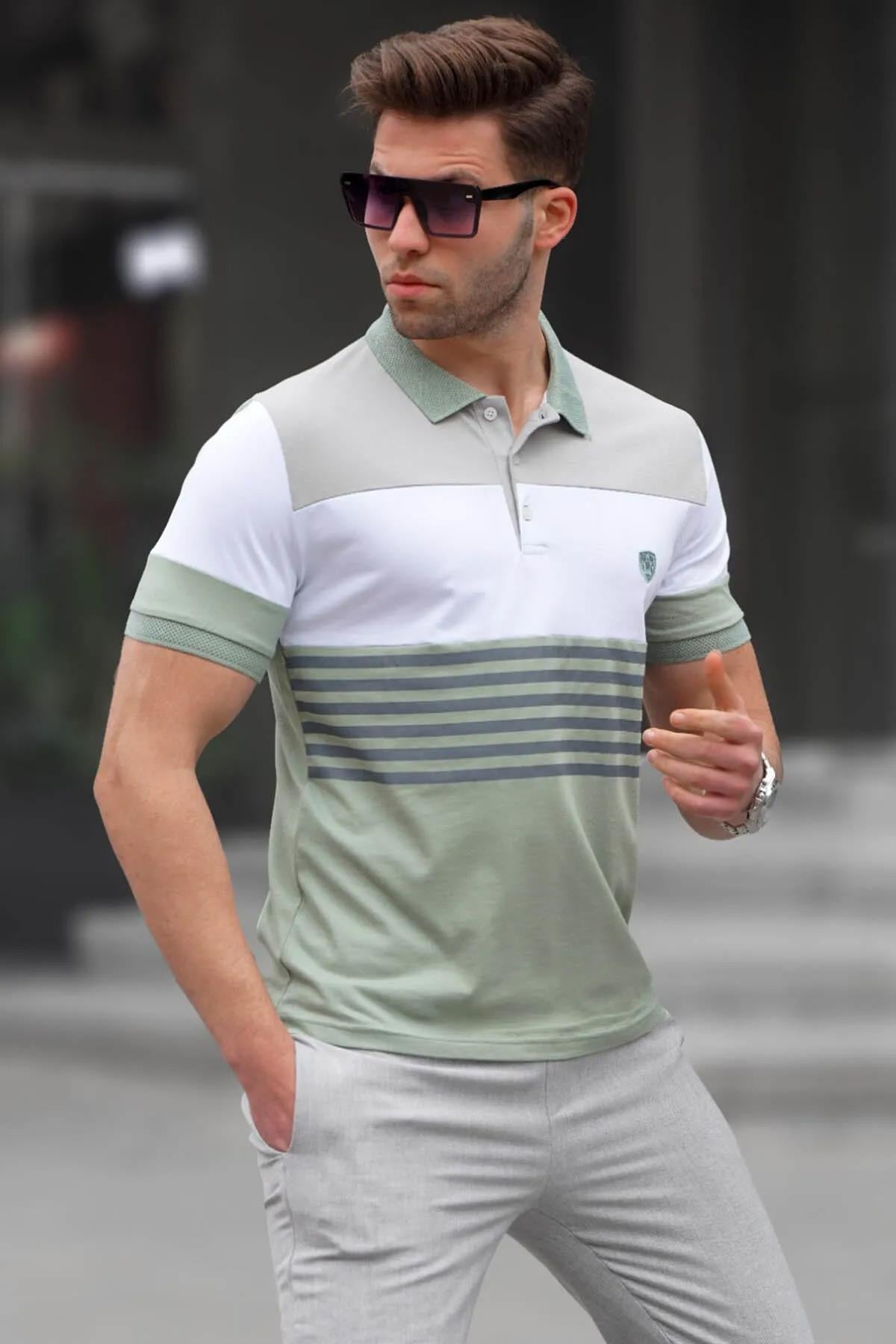 Erkek Mint yeşili Polo Yaka Çizgili Tişört 5865