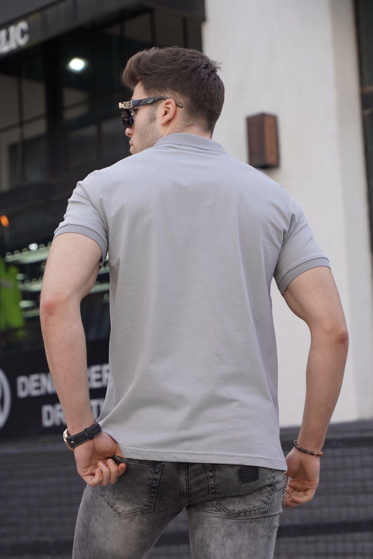 Erkek Polo Yaka Boyalı Gri Tişört 5822