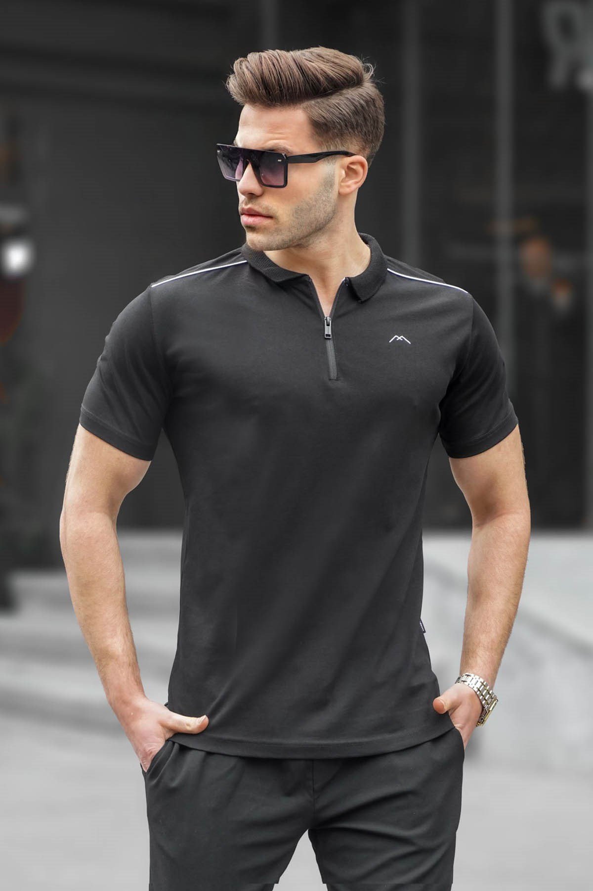 Erkek Siyah Basic Fermuarlı Polo Tişört 6076