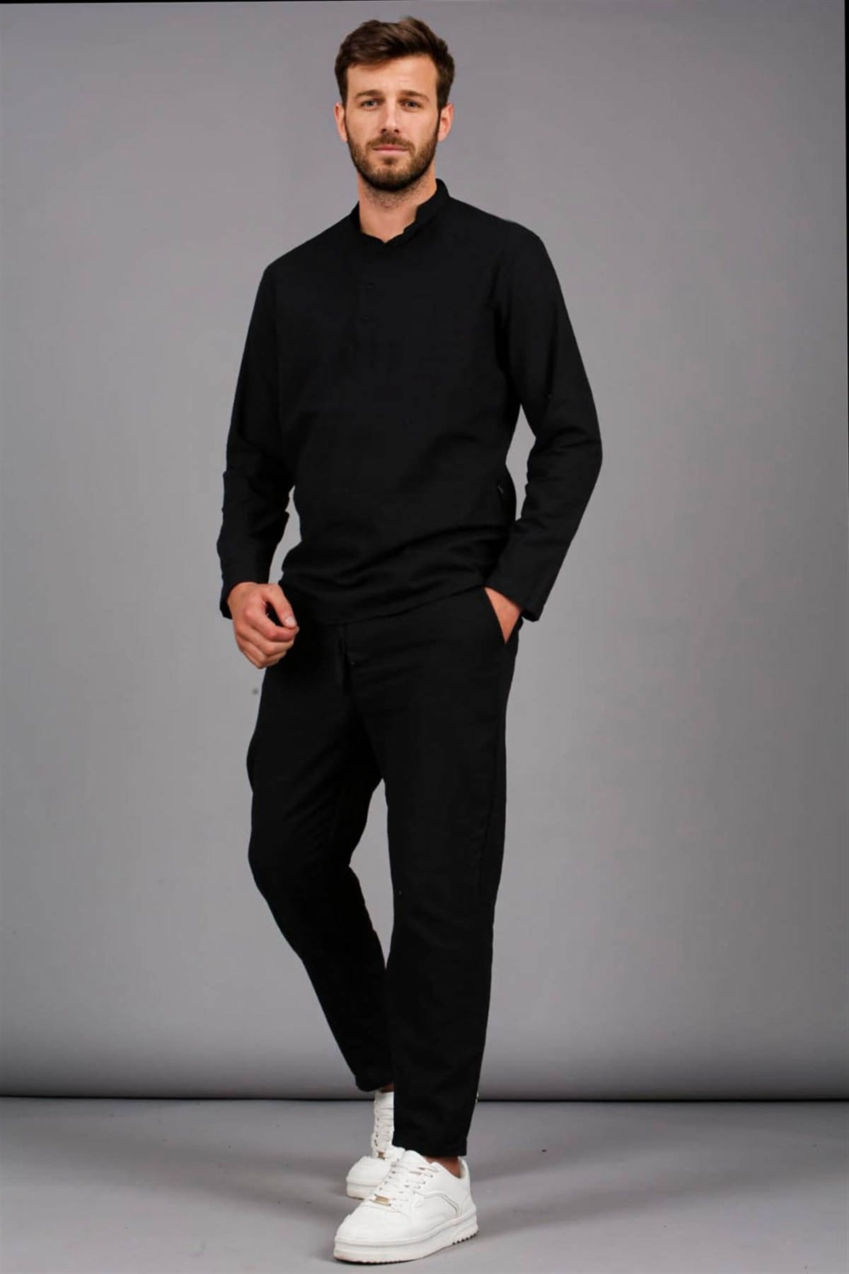 Erkek Siyah Keten Relaxed Fit Gömlek Pantolon Takımı 6365