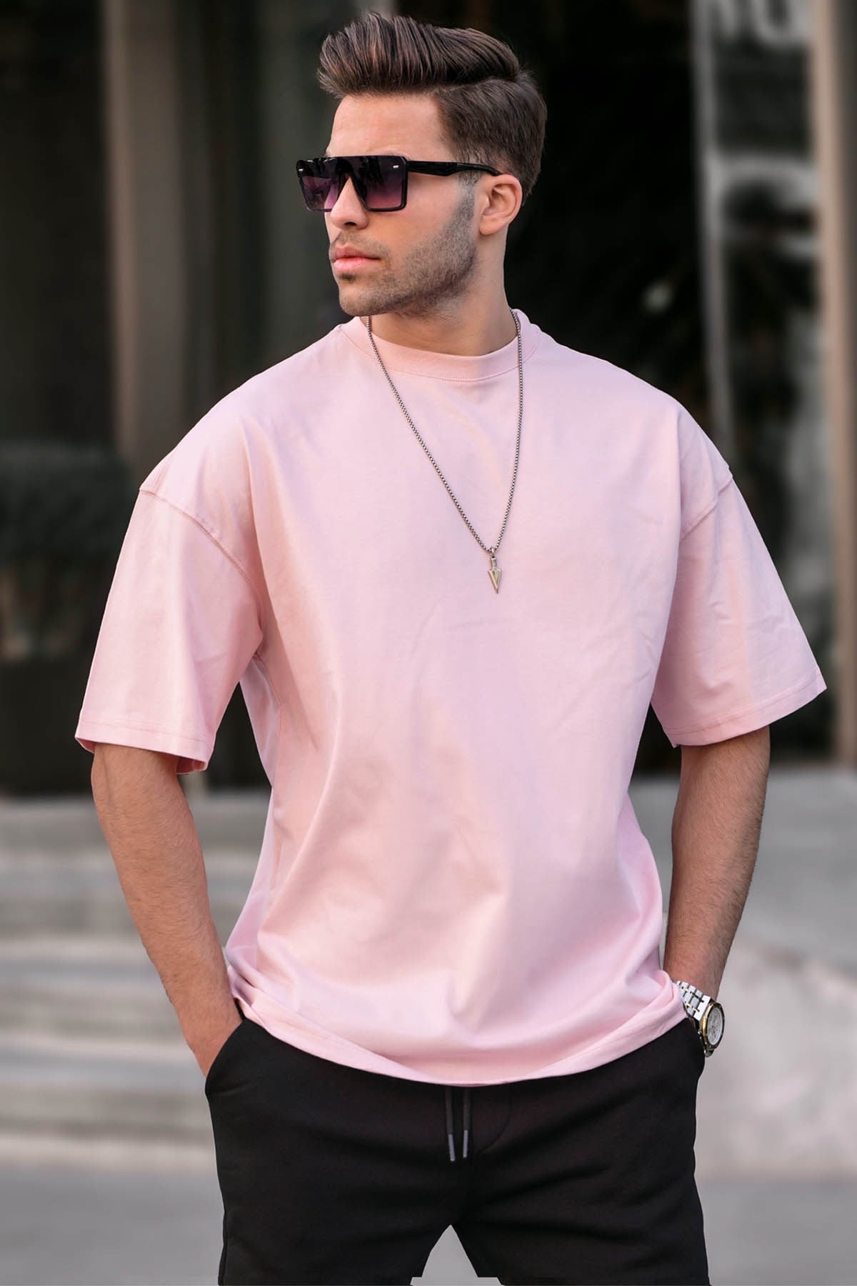 Erkek Toz Pembe Oversize Fit Basic Tişört 6066