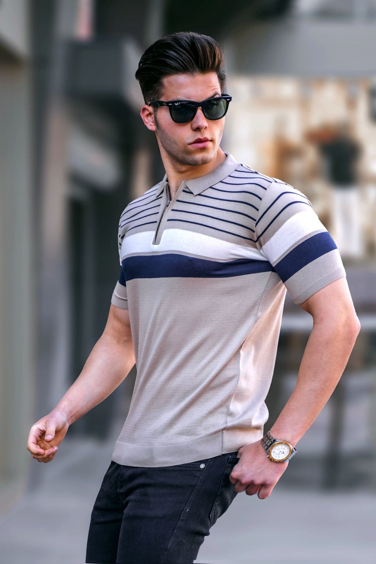 Erkek Vizon Polo Yaka Fermuarlı Tişört 5732