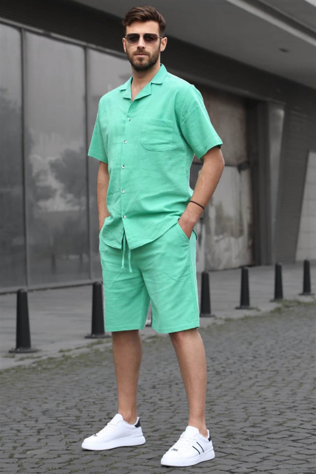 Erkek Yeşil Basic Oversize Gömlek Takımı 5588