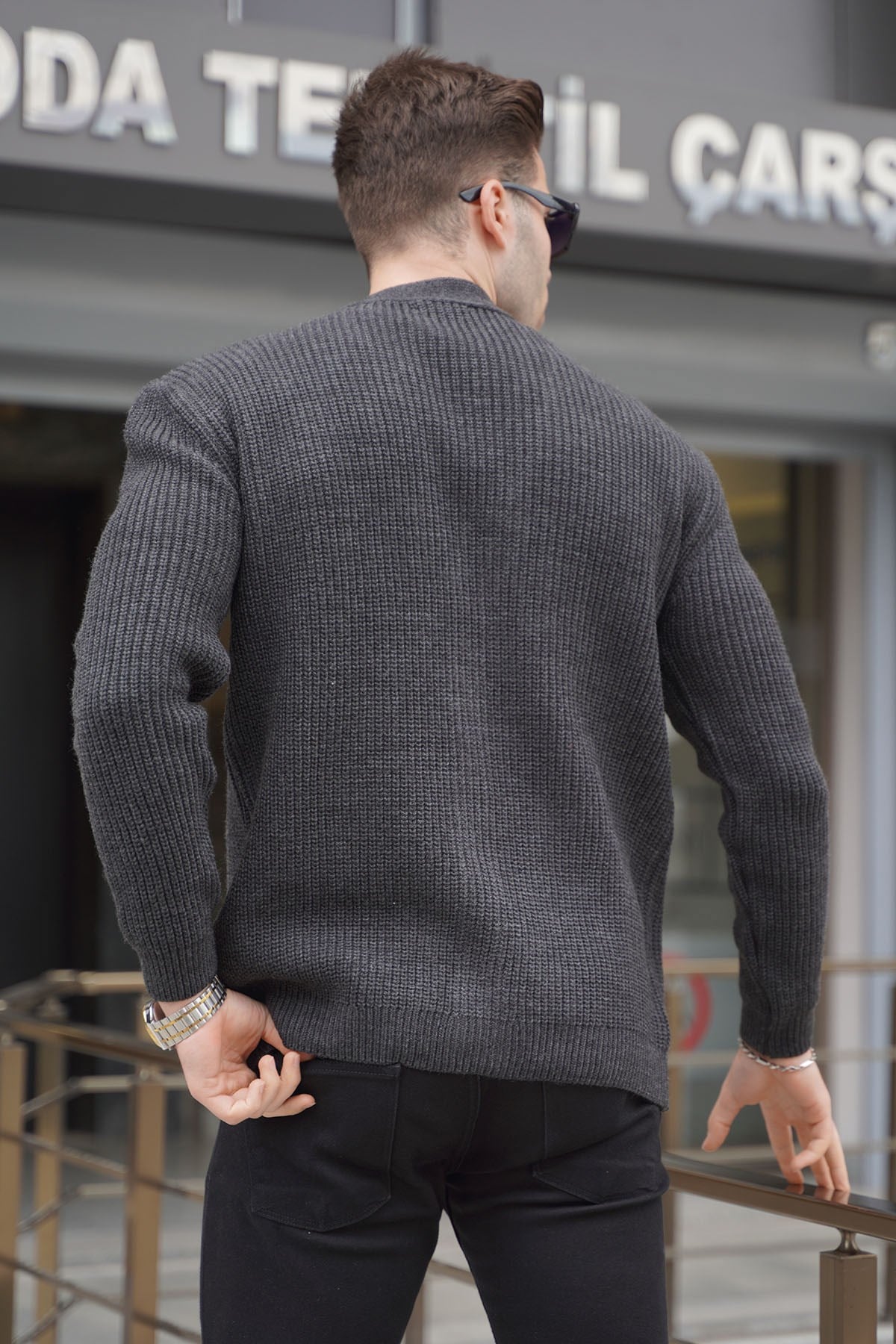 Füme Basic Nakışlı Örgülü Hırka T6313