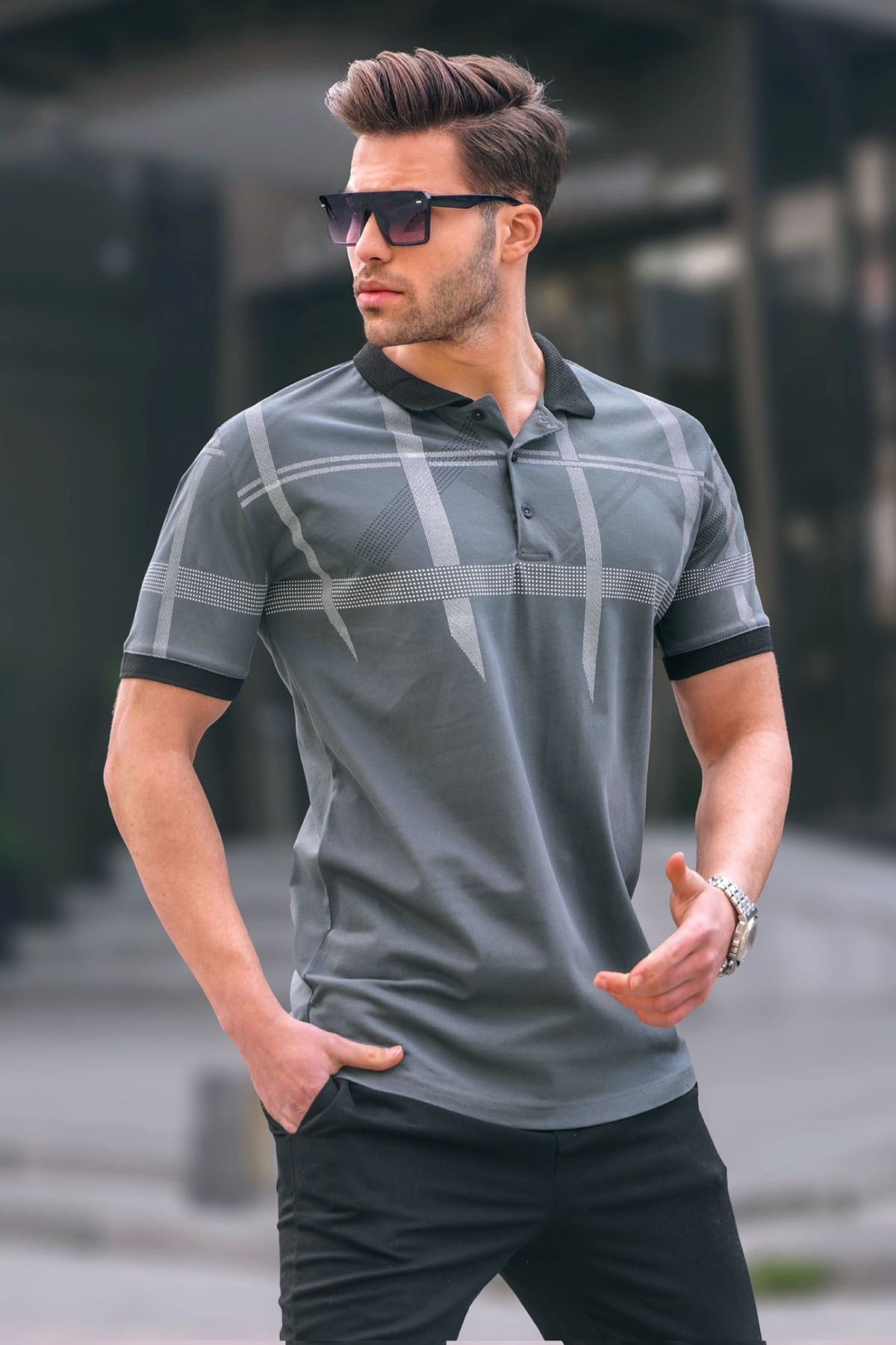 Füme Desenli Polo Yaka Erkek Tişört 6080