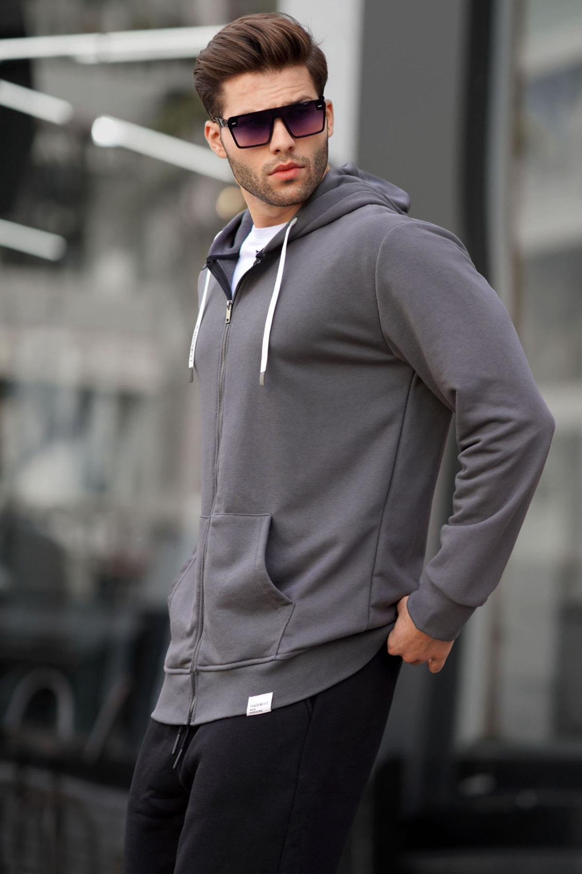Füme Fermuarlı Kapüşonlu Sweatshirt 6161