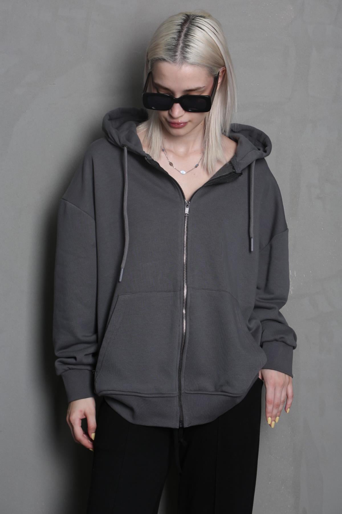 Füme Kapüşonlu Basic Sweatshirt MG1900