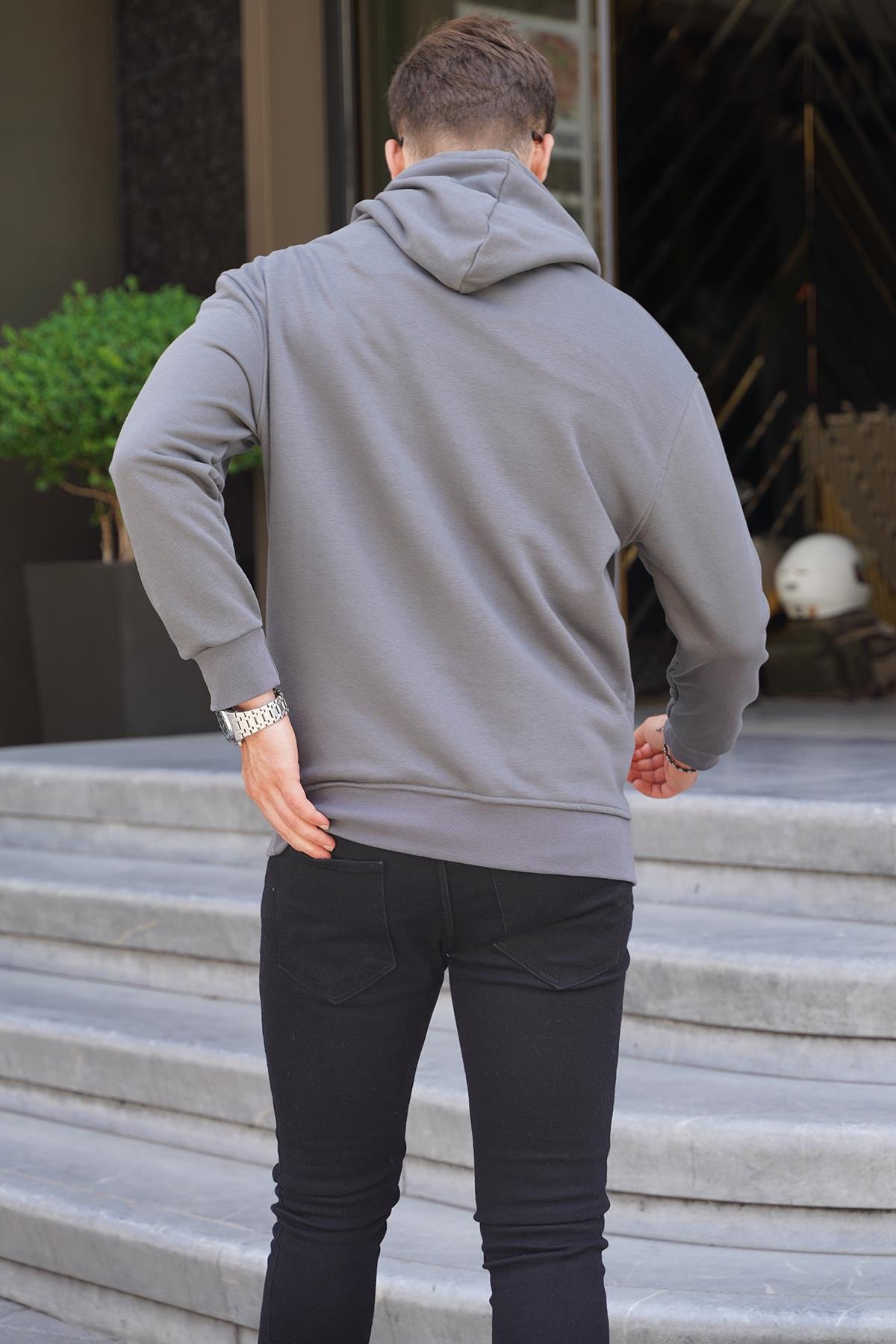 Füme Kapüşonlu Nakışlı Erkek Sweatshirt 6145