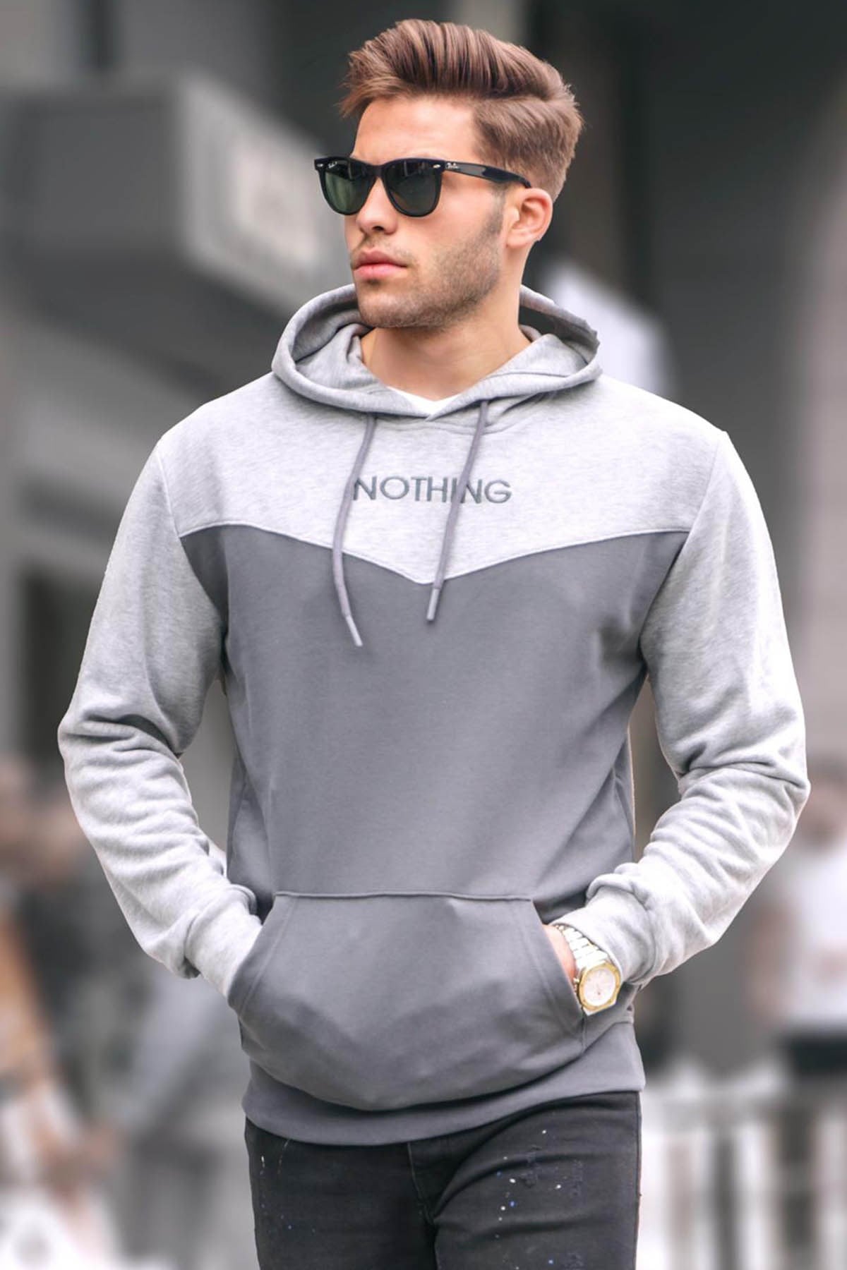 Füme Kapüşonlu Renk Bloklu Erkek Sweatshirt 6024