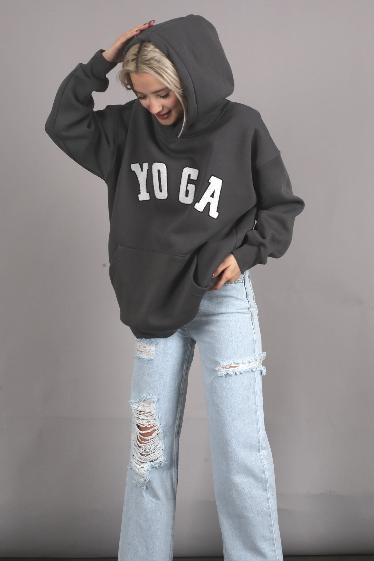 Füme Nakışlı Kapüşonlu Sweatshirt MG1580