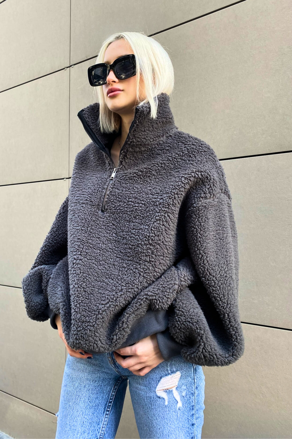 Füme Peluş Fermuar Yaka Sweatshirt MG1413
