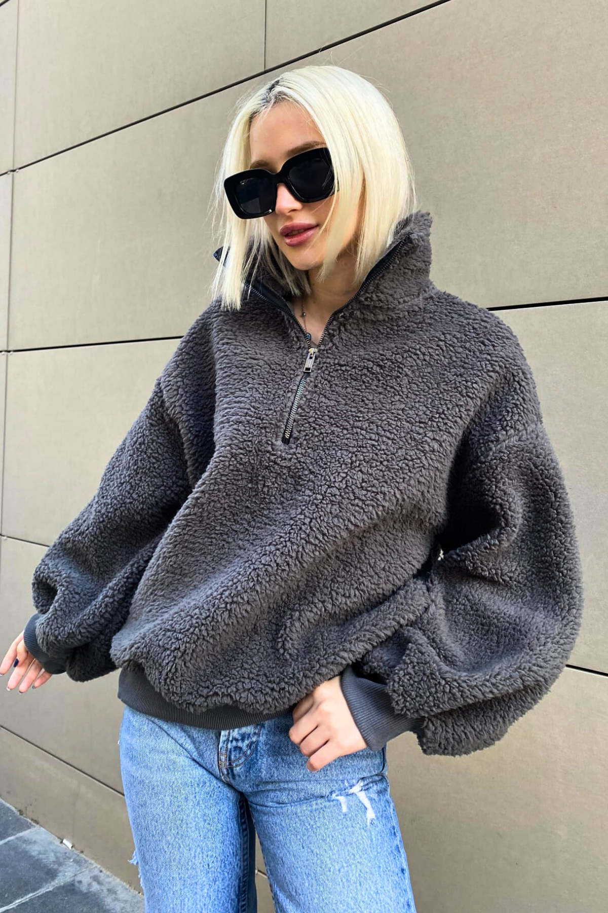 Füme Peluş Fermuar Yaka Sweatshirt MG1413