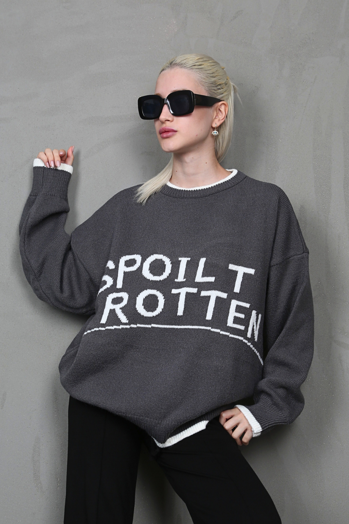 Füme Yazılı Oversize Bisiklet Yaka  Kadın Kazak MG1596