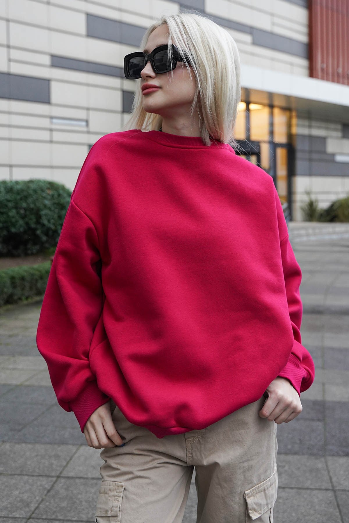 Fuşya Bisiklet Yaka Basic Sweatshirt MG1559
