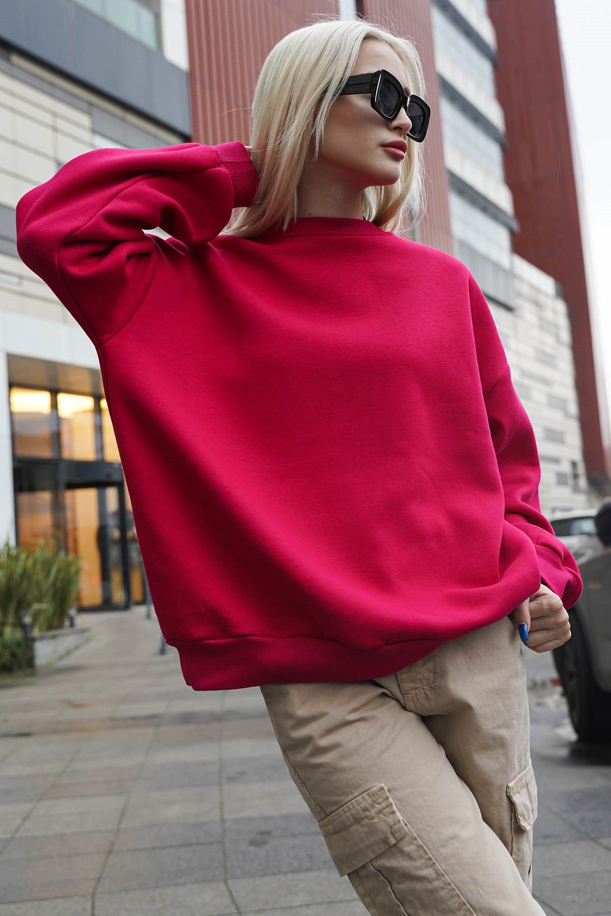 Fuşya Bisiklet Yaka Basic Sweatshirt MG1559