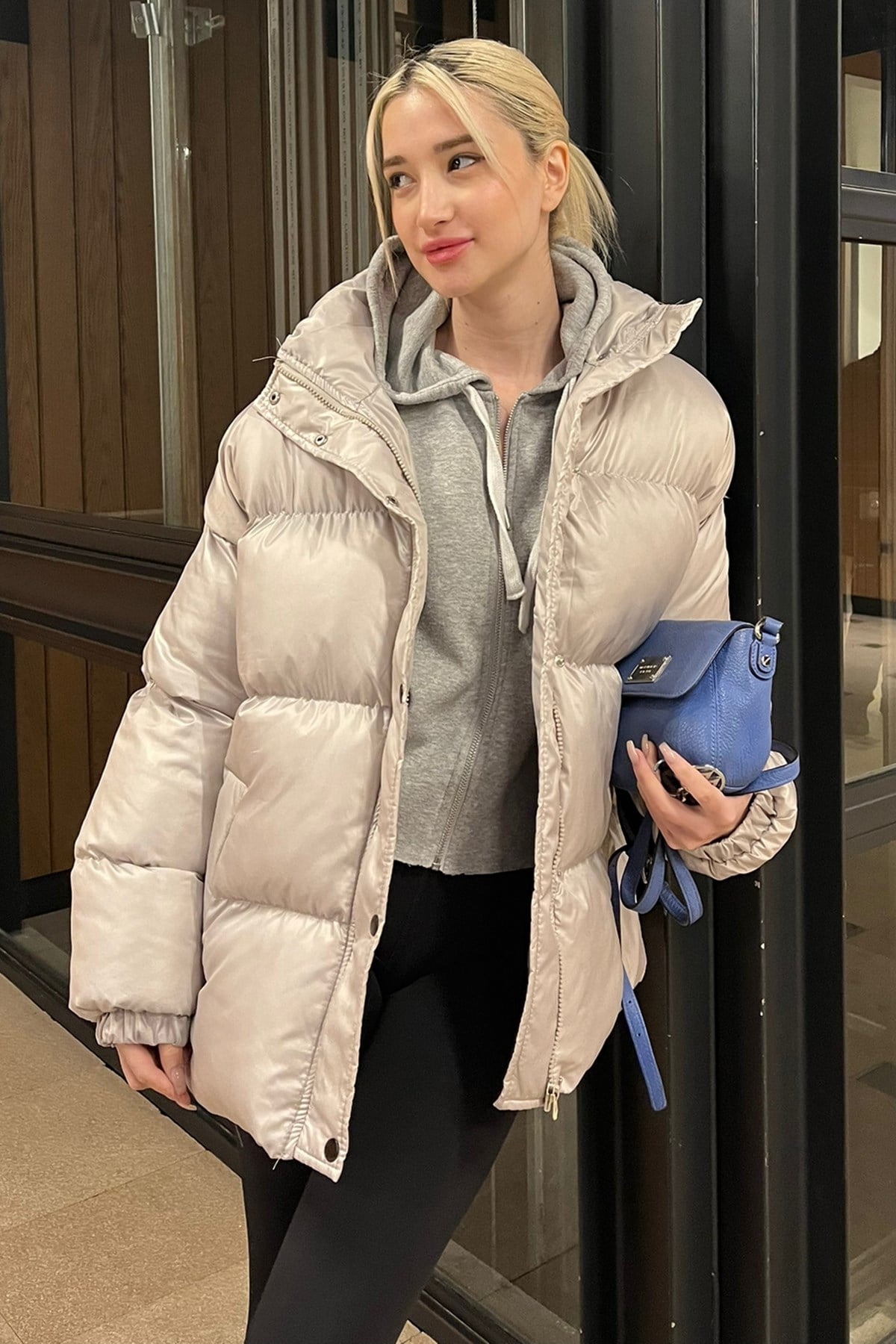 Gri Basic Oversize Kadın Şişme Mont MG1582
