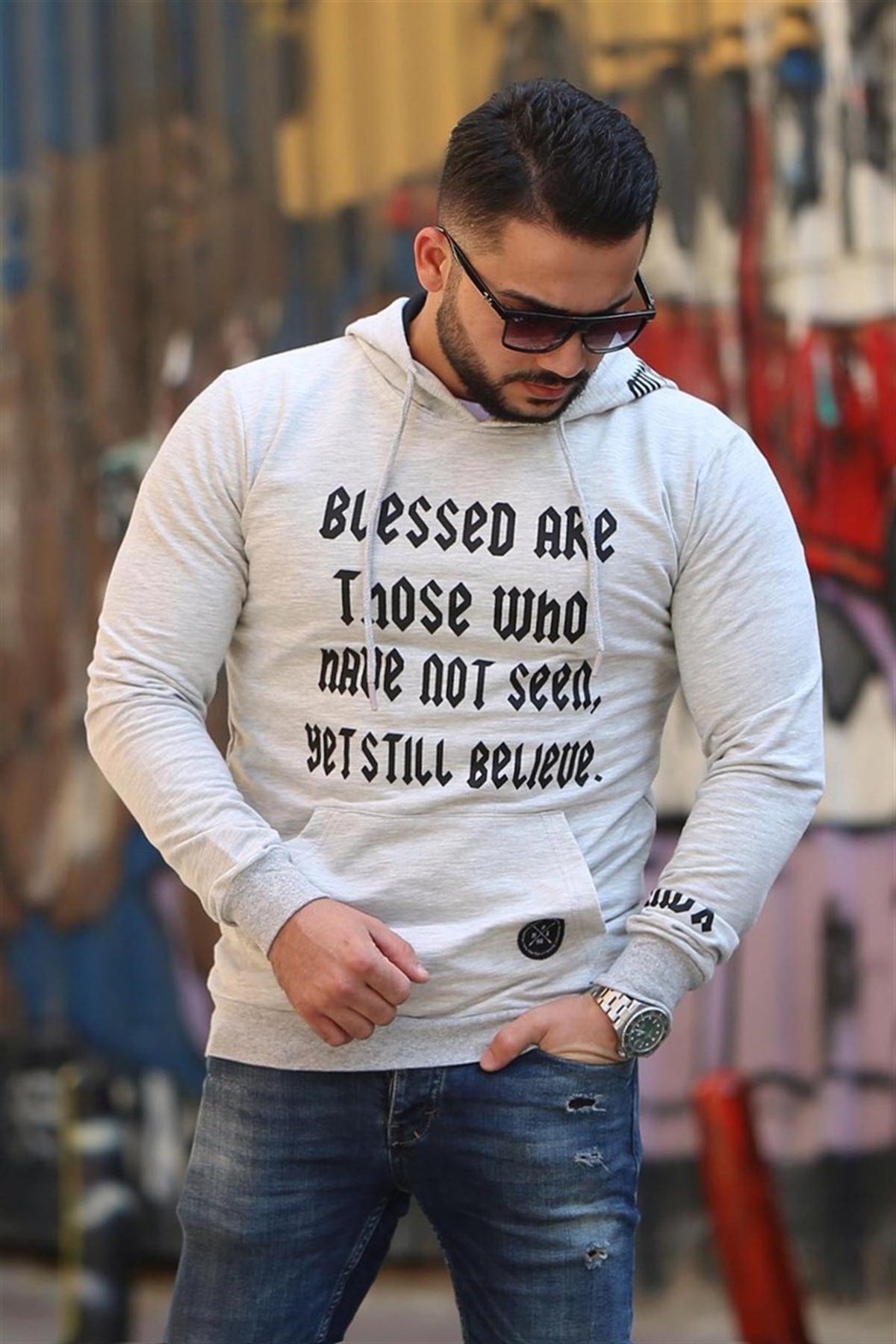 Madmext Grey Printed Hoodie 4097
