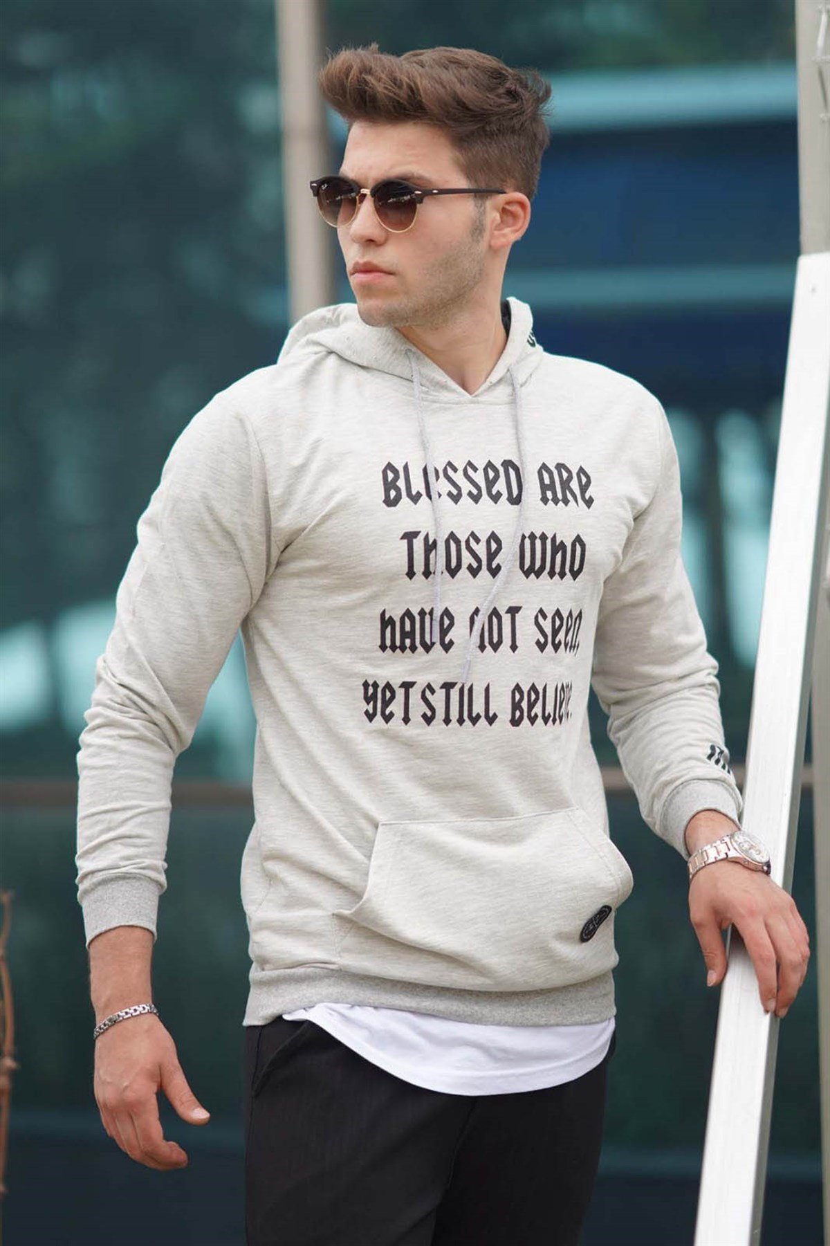 Madmext Grey Printed Hoodie 4097