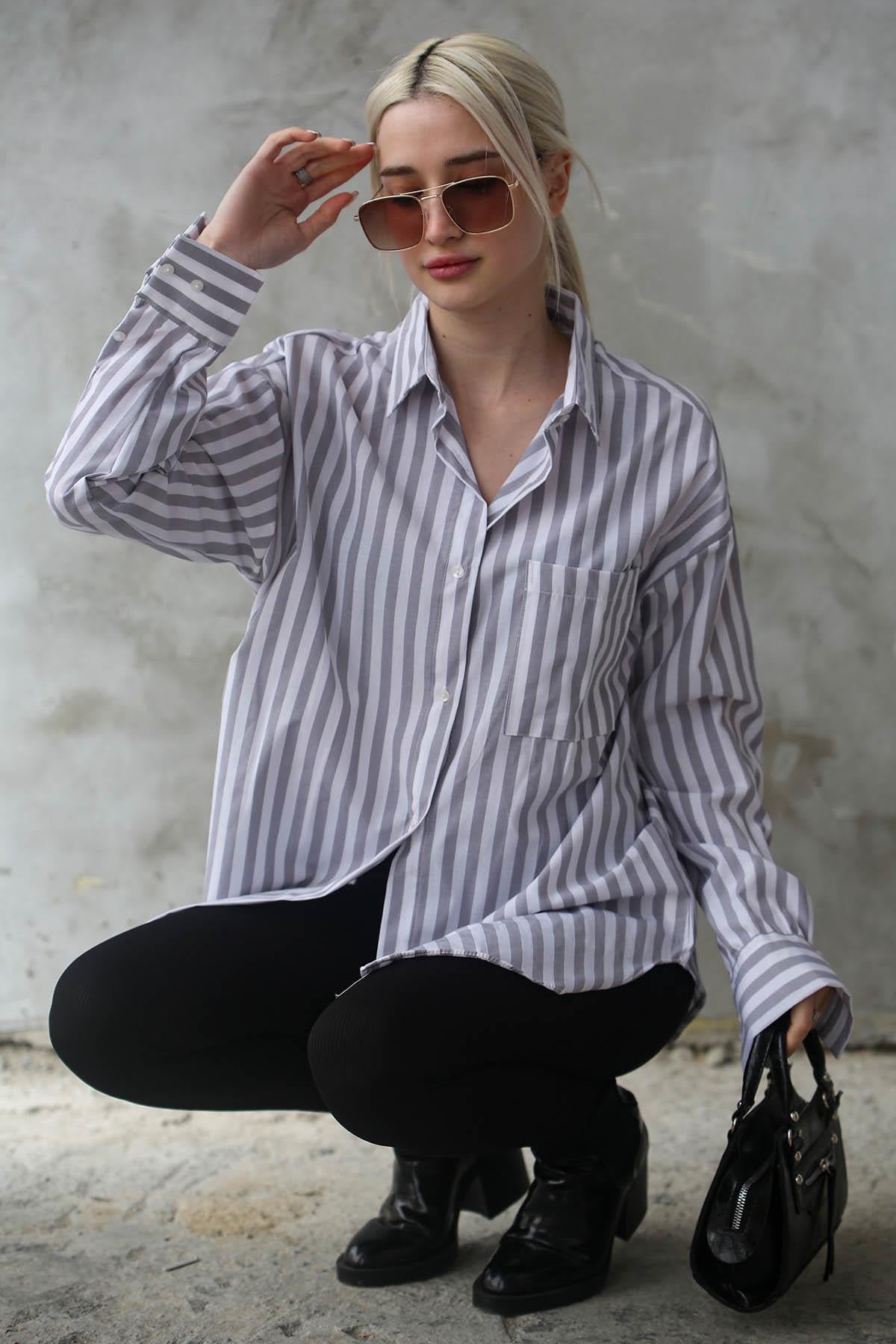 Gri Çizgili Oversize Kadın Gömlek MG1688