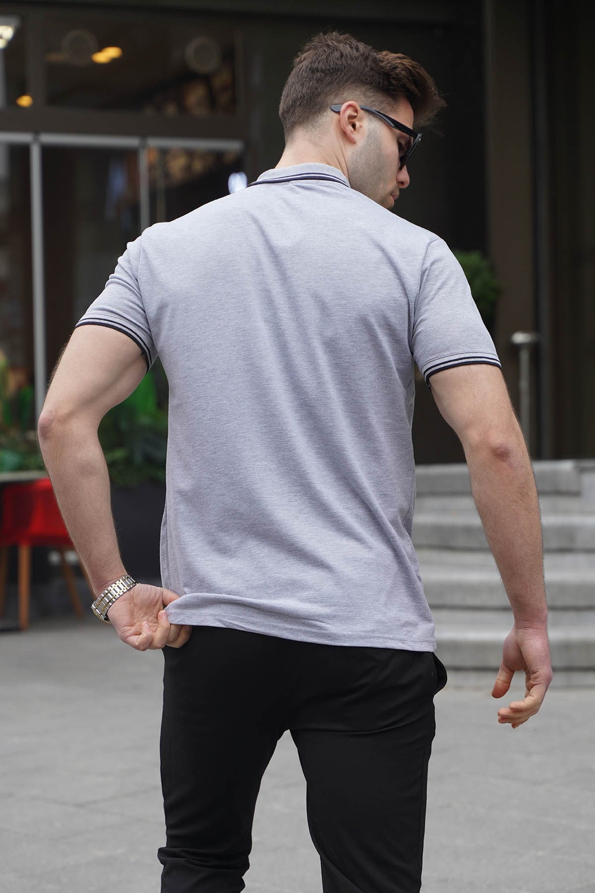 Gri Çizgili Polo Yaka Tişört 5869