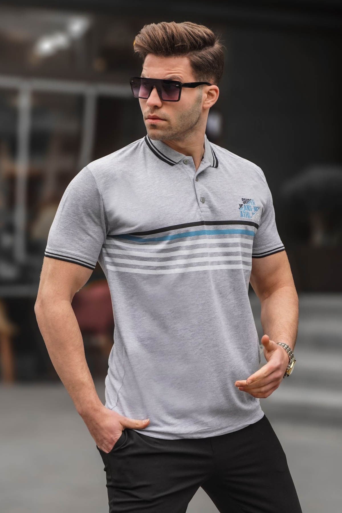 Gri Çizgili Polo Yaka Tişört 5869