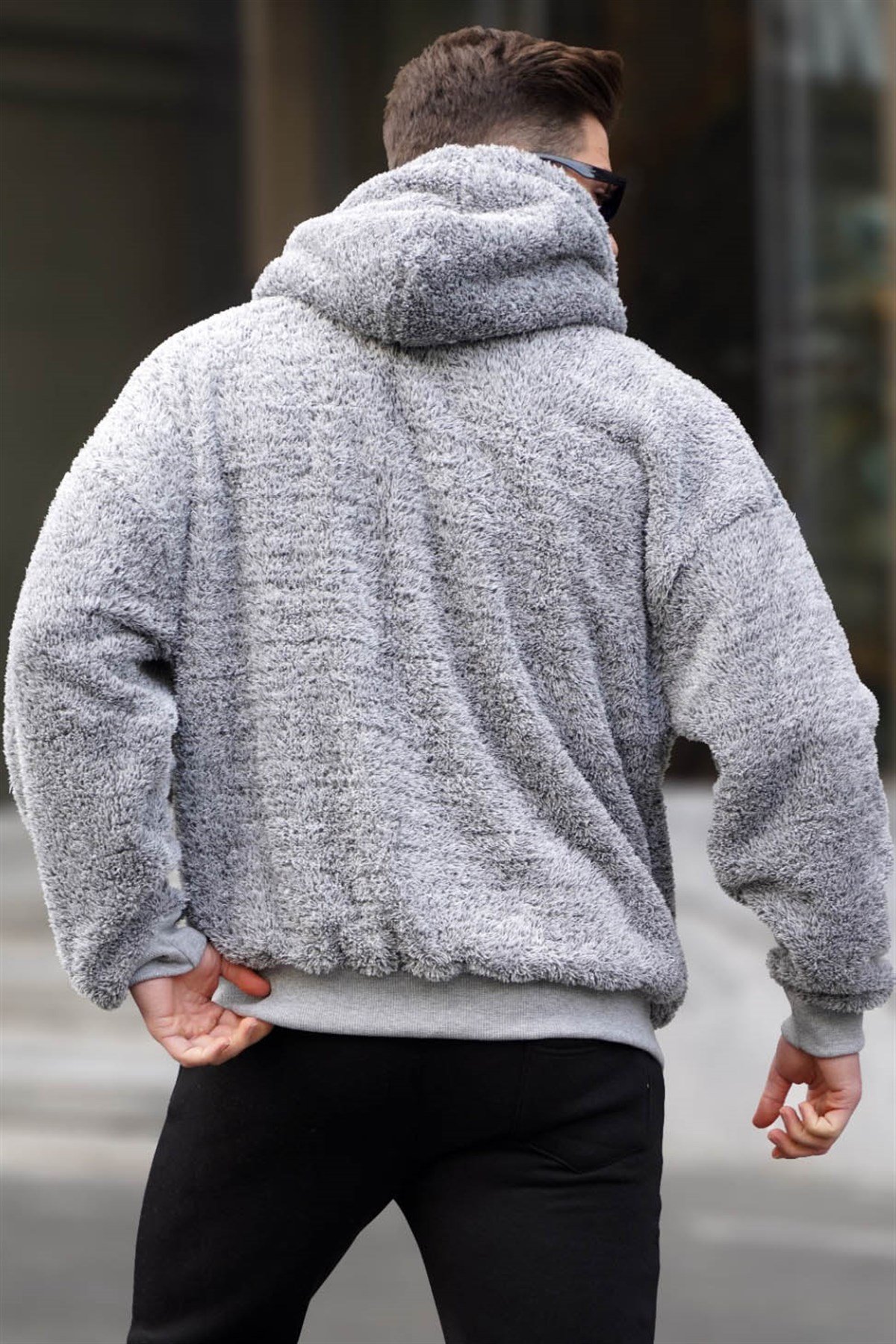 Gri Peluş Over Fit Kapüşonlu Fermuarlı Erkek Sweatshirt 6049