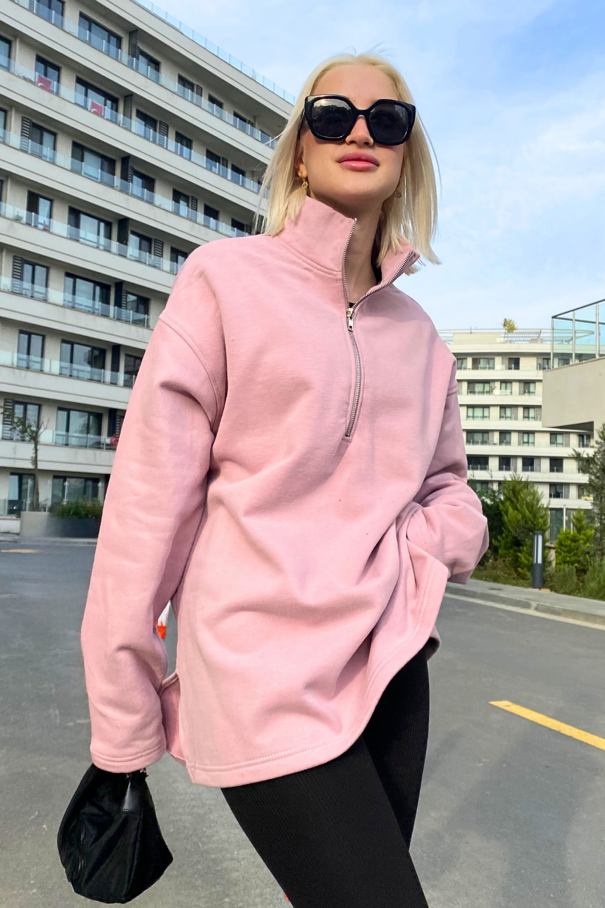Gül Kurusu Fermuar Yaka Yırtmaçlı Sweatshirt MG1903