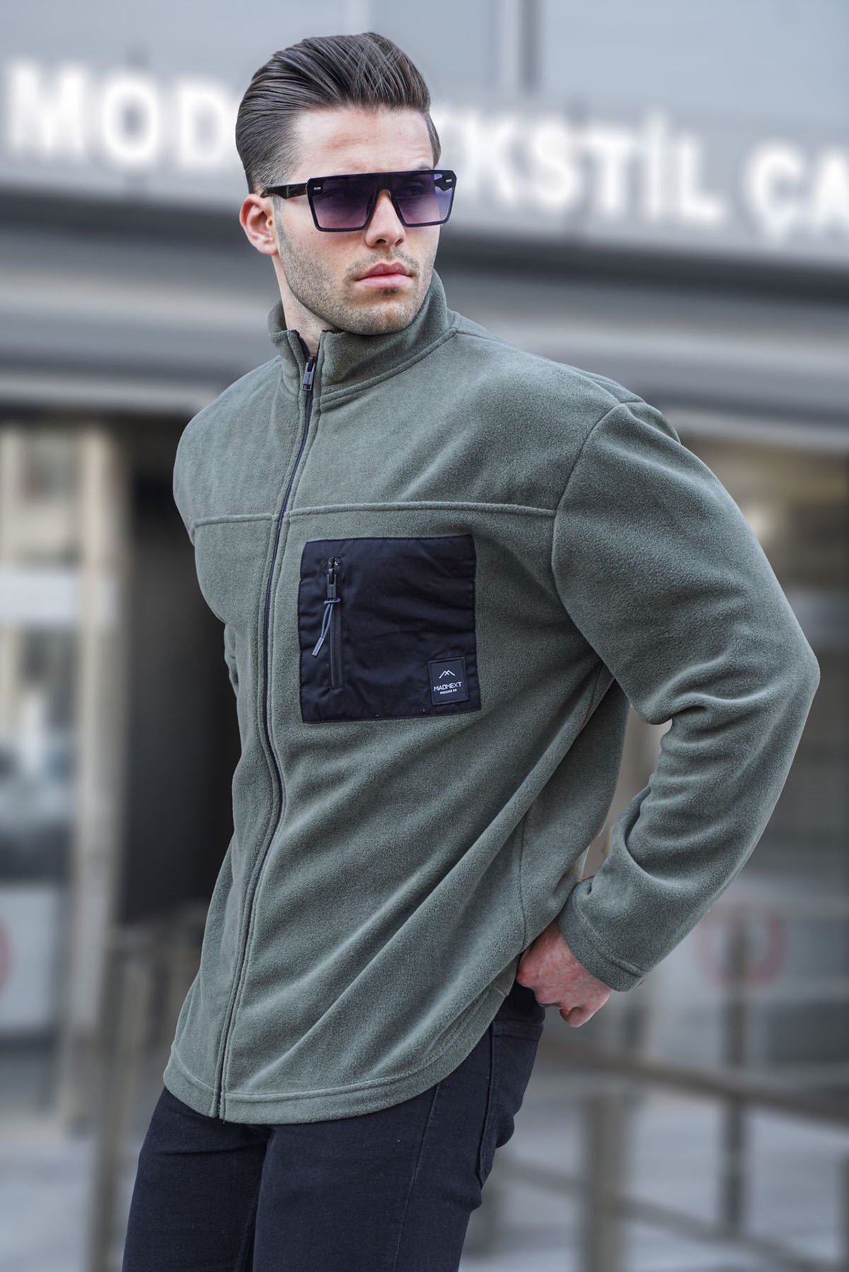Haki Cep Detaylı Fermuarlı Polar Sweatshirt  6046