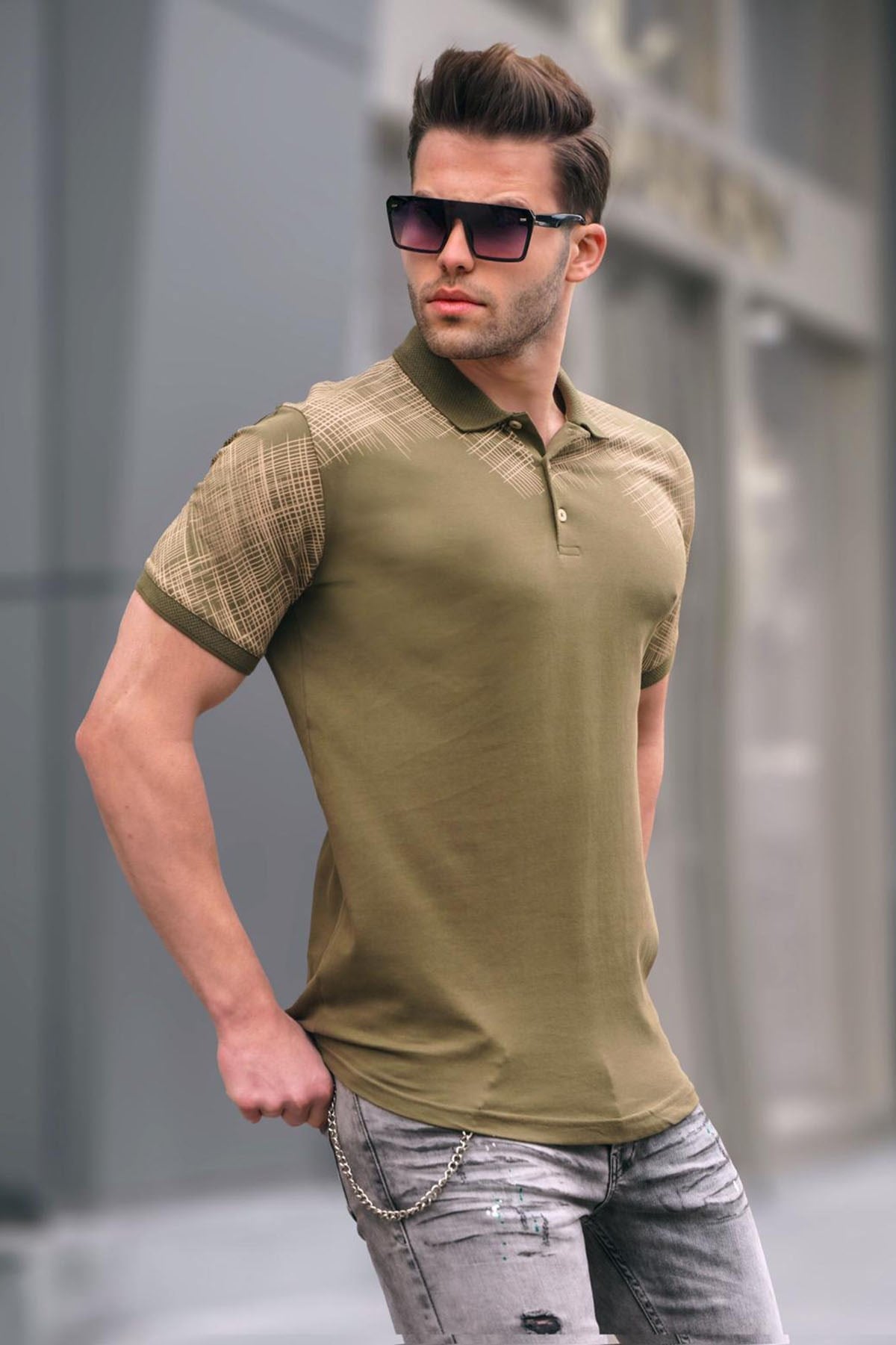 Haki Desenli Polo Yaka Erkek Tişört 6082