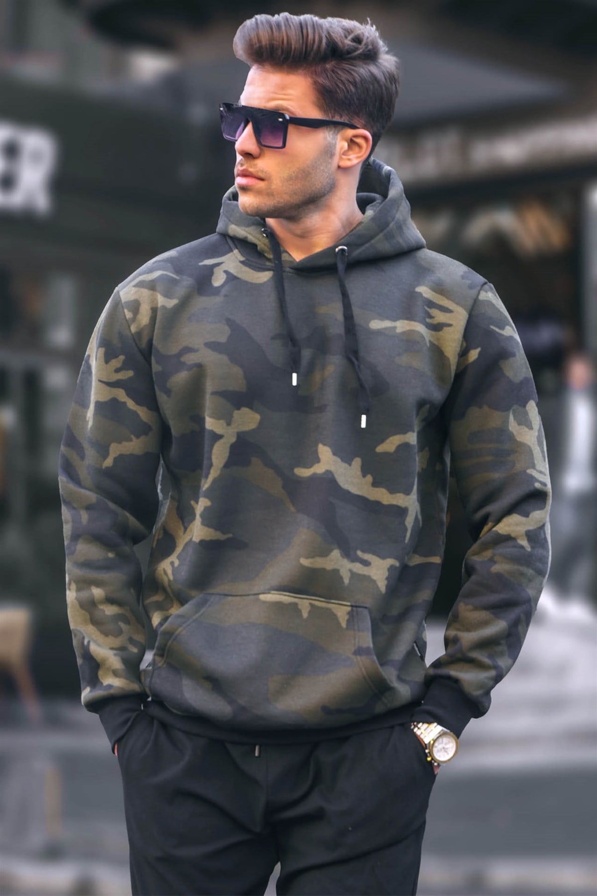 Haki Kamuflaj Kapüşonlu Erkek Sweatshirt 5339
