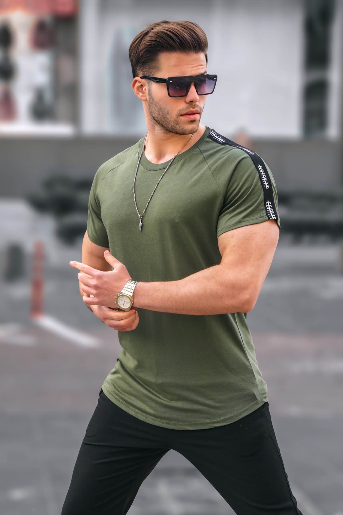 Haki Kol Detaylı Regular Fit Erkek Tişört 4633