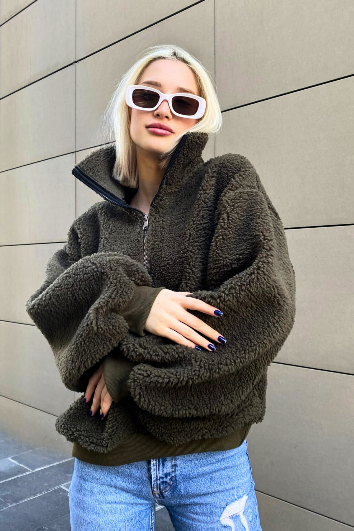 Haki Peluş Fermuar Yaka Sweatshirt MG1413