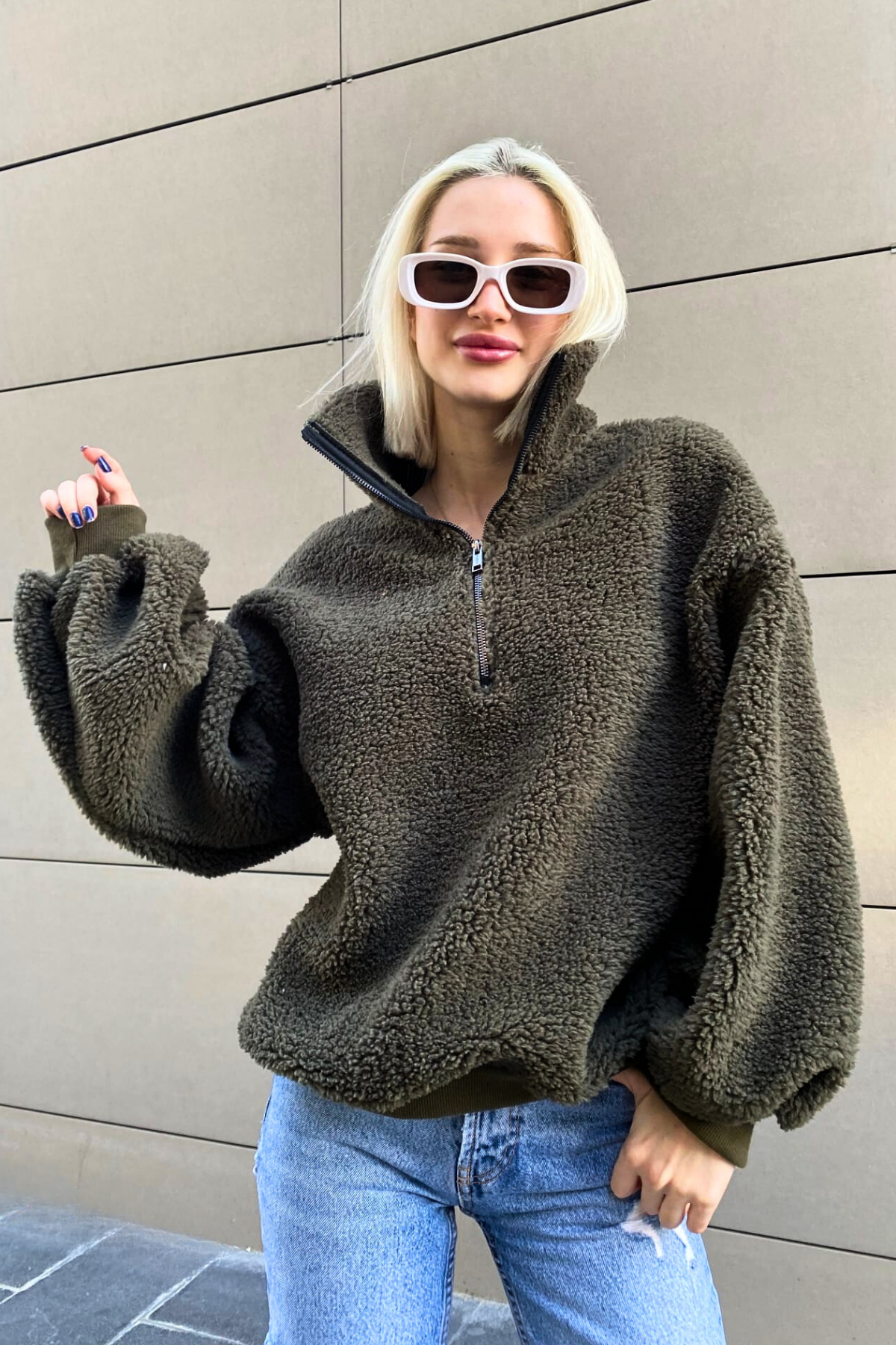 Haki Peluş Fermuar Yaka Sweatshirt MG1413
