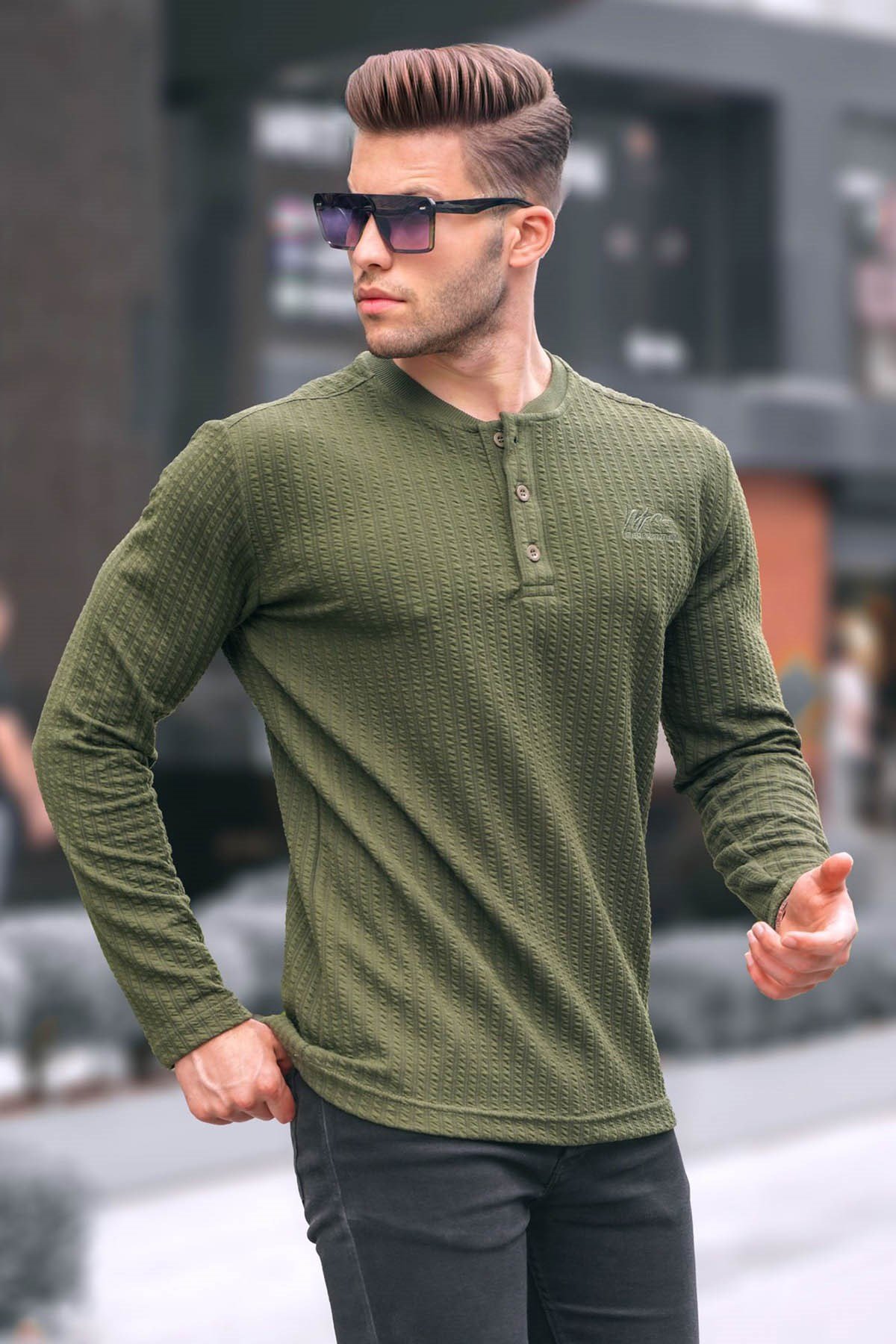Haki Waffle Kumaş Basic Kazak 6007