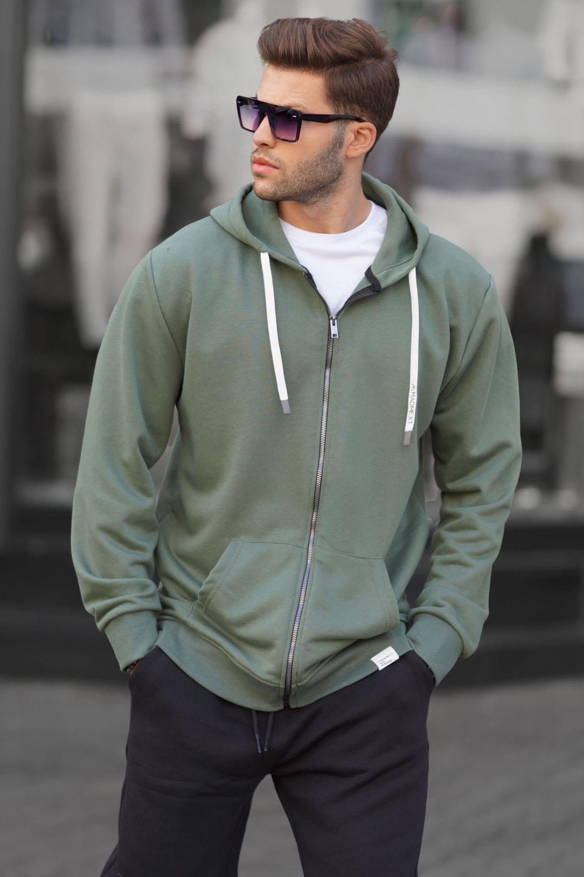 Haki Yeşili Fermuarlı Kapüşonlu Sweatshirt 6161