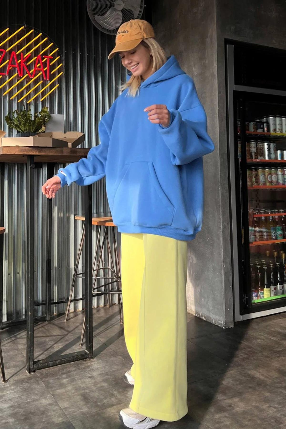 İndigo Kapüşonlu Şardonlu Oversize Sweatshirt MG1566