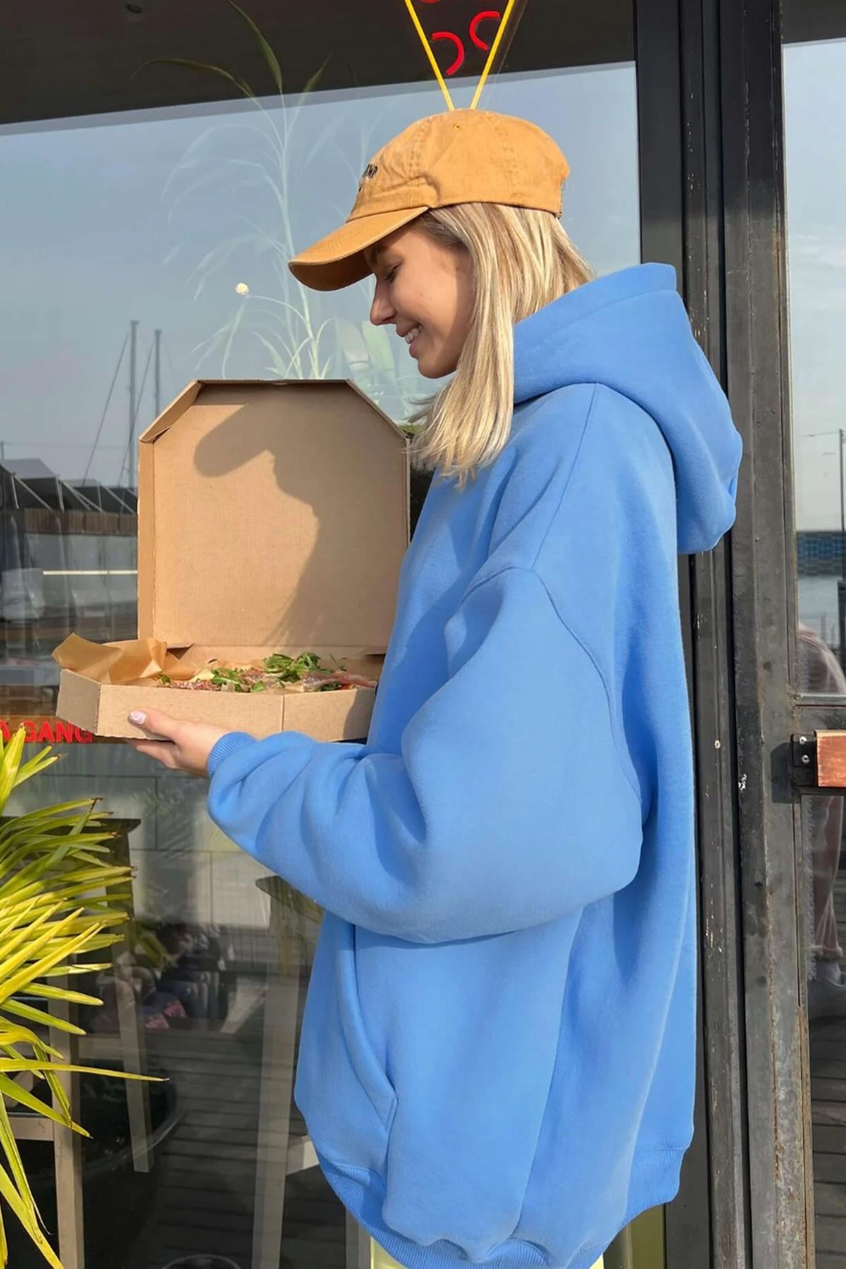 İndigo Kapüşonlu Şardonlu Oversize Sweatshirt MG1566