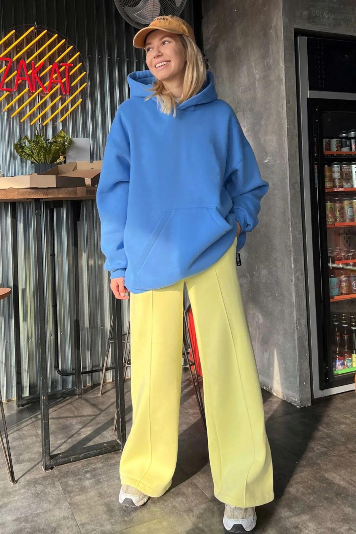 İndigo Kapüşonlu Şardonlu Oversize Sweatshirt MG1566