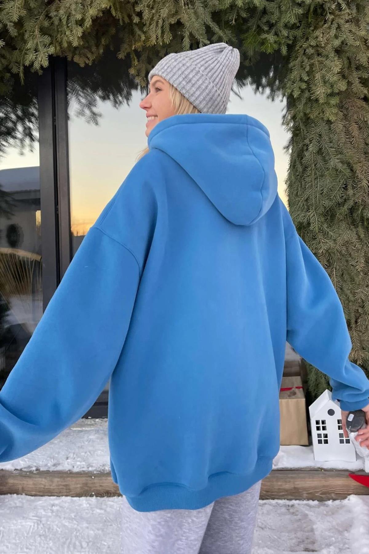 İndigo Kapüşonlu Şardonlu Oversize Sweatshirt MG1566