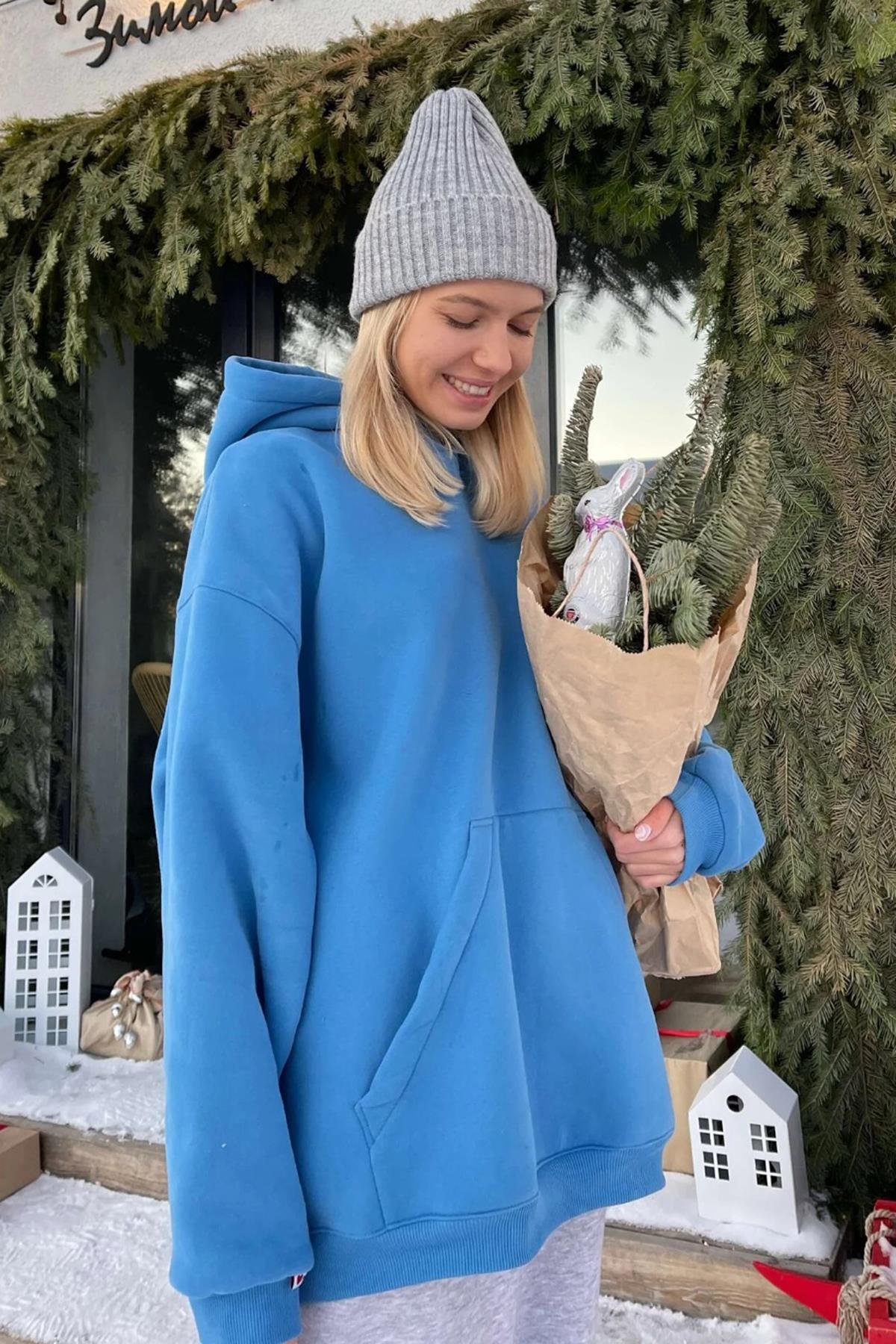 İndigo Kapüşonlu Şardonlu Oversize Sweatshirt MG1566