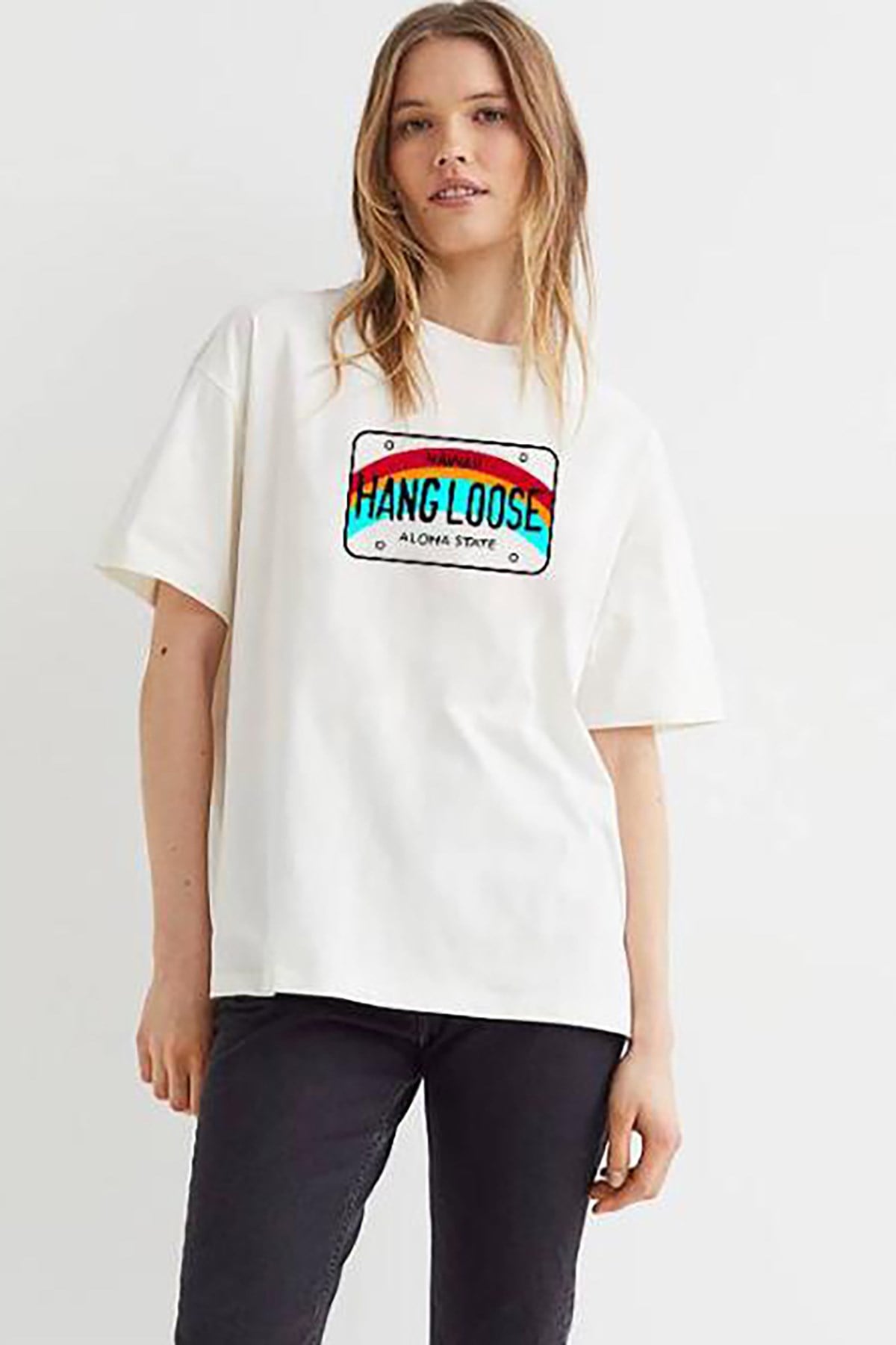 Kadın Beyaz Baskılı Oversize T-shirt MG808