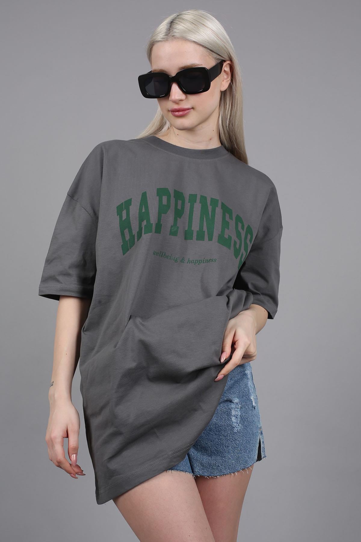 Women Printed Oversize Smoke Gray T-Shirt MG1230